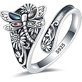 EJALEN S925-Sterling-Silver Abalone Dragonfly-Turquoise Spoon Ring - Vintage Boho Sunflower Thumb Oxidized Wrap Rings Victorian Style Antique Floral Jewelry Gifts for Women