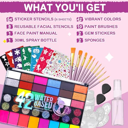 Face Painting Kit for Party, 42 Color Non-Toxic Water Activated Face Paint Palette for Artist Festival Stage Cosplay Birthday Parties Makeup Set with Stencils, Gems, Brushes TA641KIT