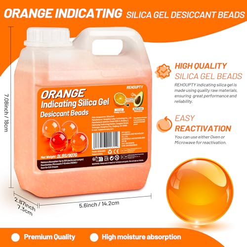 Perles Déshydratantes de Silice Orange 907G, Perles Gel Silice Indicatorices Réutilisables, Perles Déshydratantes de 3-5mm pour Filament 3D & Appareils Électroniques (10 Sacs Organza Inclus)