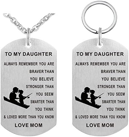 Pendant Necklace &amp; Keychain Set - Mom To Daughter Girls Dog Tag Military Stainless Steel Girl Necklace "Always Remember You Are Braver Stronger Smarter Than You Think"