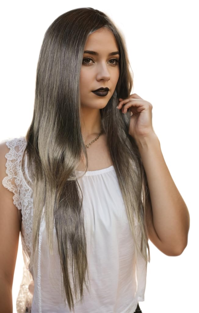 Prettyland Long Straight Middle Parted Heat-resistant Party Cosplay Wig dark-Grey highlighted C1452