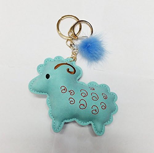 Fashion Leather Keychain Cute Sheep Key Fob with Mink Bags Pendant Accessories for Women (Light blue)