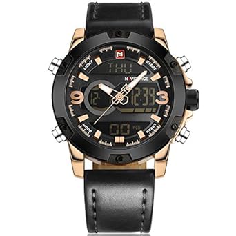Genuine Leather Chronograph Analog Digital Wristwatch for Men - Black Golden + Kids Sport Watch