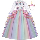 FMYFWY Unicorn Costume for Girls Birthday Pageant Party Dress Halloween Christmas Long Sleeve Maxi Tulle Ball Gown w/Headband