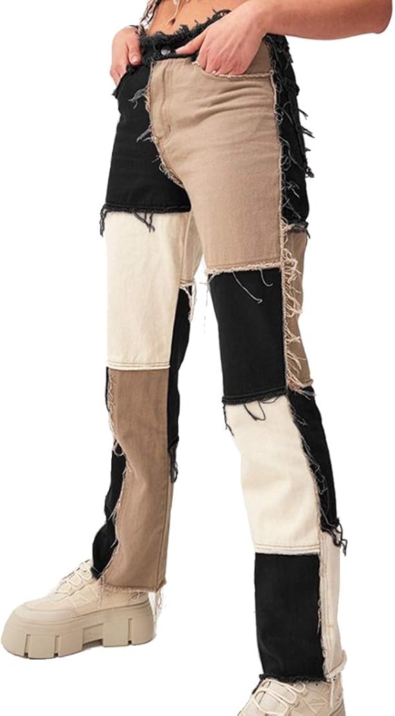 Urijk Jeans für Damen, Patchwork, gerissene Hose, geknöpft, Stretch