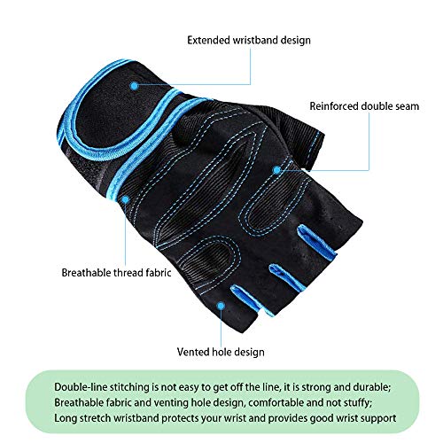 Feleph Weight Lifting Gloves with Wrist Wraps Support Workout Gloves for Men/Women Half Finger Gym Gloves for Fitness, Exercise, Gym Cross Training,Breathable Non-Slip, Strong Gripï¼ˆBlue,Mï¼‰