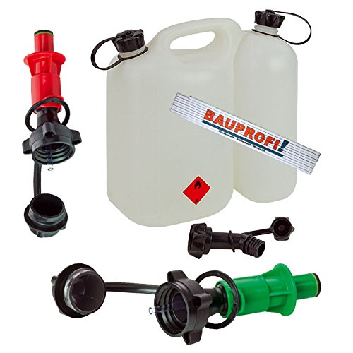 BAUPROFI Doppelkanister 5,5+3 Liter Natur (klar) inkl. Ausgiesser und 2X Sicherheitseinfüllsysteme (grün + rot) mit originalem MaÃstab