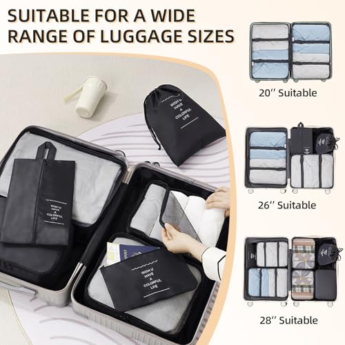 Suitcase Organizer, 10 Pieces Waterproof and Tear-Resistant Organizer Bags, Packing Cubes for Clothes, Shoes, Underwear and Cosmetics, Black
