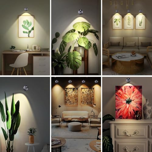 2Pcs Wireless Spotlight for Indoor, Battery Operated LED Spotlight with Dimmable Rotatable Timer Uplight Mini Accent Lights with Remote for Wall Display Plants Painting Artwork Closet Natural White