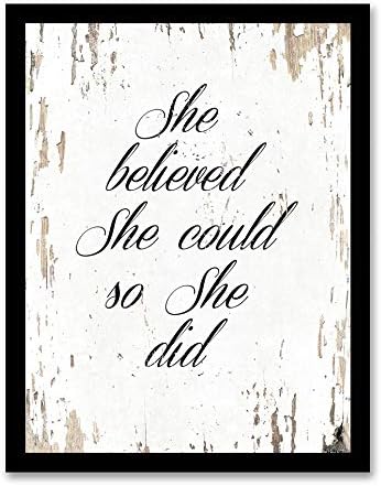 Art Hub She Believed She Could So She Did Motivation Quote Print Canvas (Framed) Home Decor Wall Art, Black Plastic Frame, White, 14x18