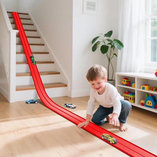 5m Flexible Car Race Track, Fits Hot Wheels & Diecast 1/64 Cars, Roll-Up Loop Track with 4 Mini Cars and 8 Suction Cups, Portable Flex Track Toy Gift for Kids Ages 3+