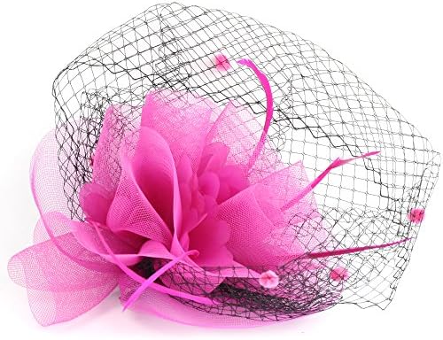 Elegant Women Net and Veil Fascinator Hair Clip Hat with Big Flower (Hot Pink)
