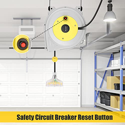 30FT + 9.5FT Retractable Extension Cord Reel, 16 Gauge Power Cord Reel, Ceiling/Wall Mounted Electric Cord Reel with Grounded Triple Tap Outlet + 10A Circuit Breaker + UL Listed