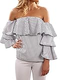 Women's Off the Shoulder Tops Bell Sleeve Ruffles Striped Shirt Blouse