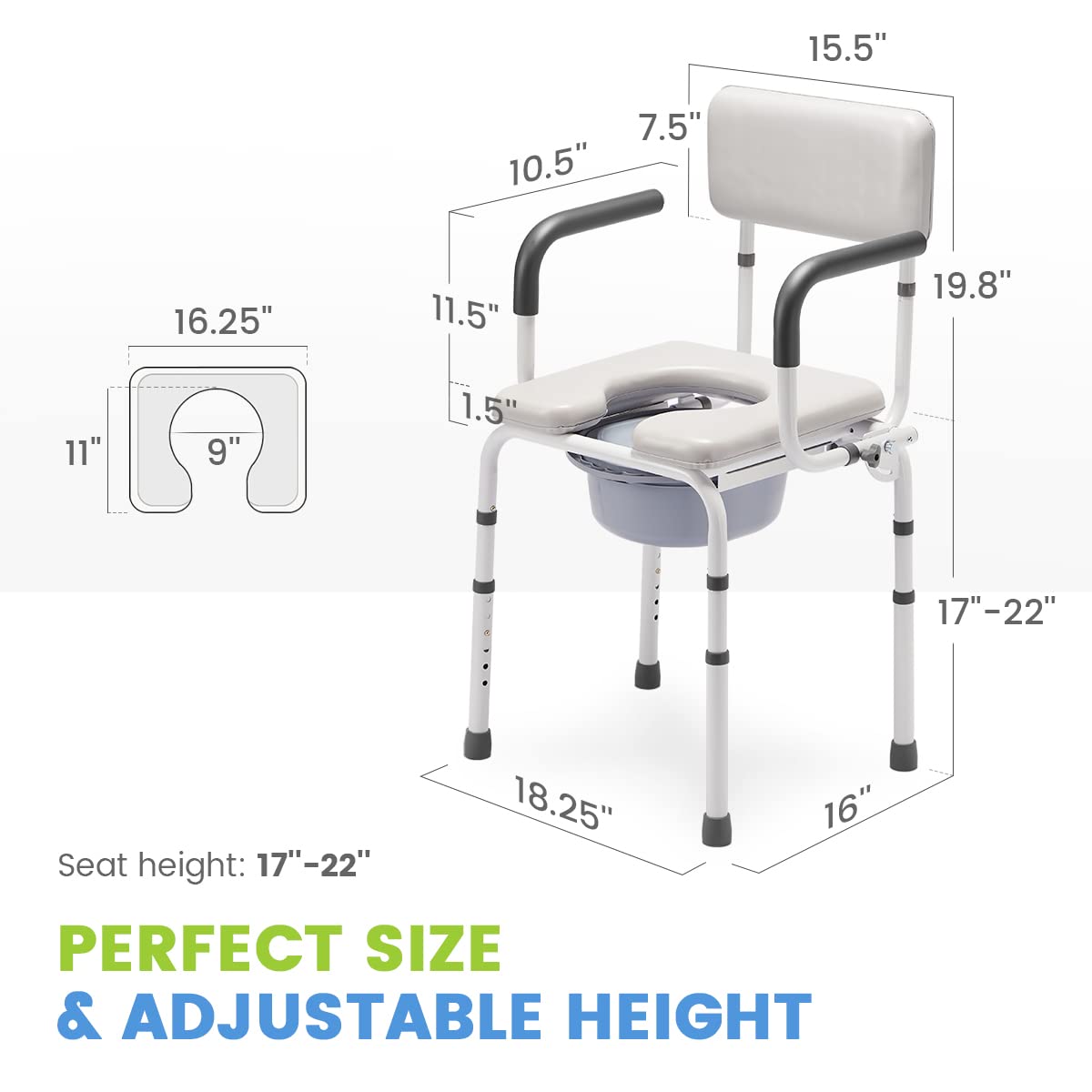 OasisSpace Heavy Duty Padded Drop Arm Commode, Bedside Commodes for Seniors, Commode Chair for Toilet with Arms & Removable Bucket in Bathroom or Bedroom