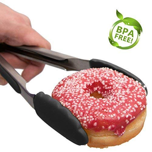 Set of Kitchen Tongs for Cooking or Grilling: Includes 7, 9 and 12 Inch Stainless Steel, Heat Resistant Locking Tongs with Silicone Tips - Perfect for BBQ, Grill or Household Cooking - 3 Pack, Black
