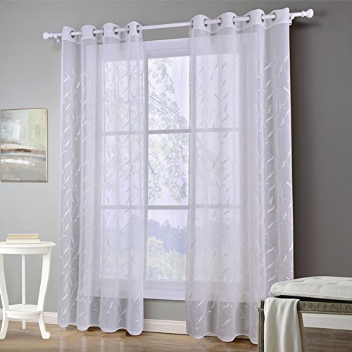 Homtod White Voile Curtains Embroidered Leaf Sheer Window Eyelet