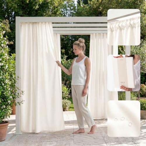 ROOM99 Tenda per esterni con nastro arricciato, 155 x 220 cm di larghezza x altezza per esterni, resistente alle intemperie, impermeabile, protezione solare, da giardino, antivento, ecru