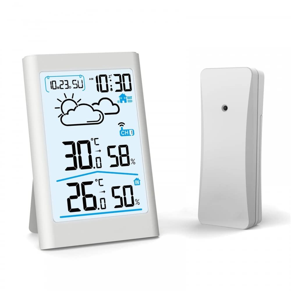 Weather Clock Station, LCD Digital Weather Station with Outdoor Sensor Digital Alarm Clock, Barometer, Temperature, Humidity Monitor, Weather Forecast for Home Garden