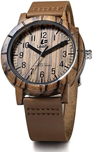 LeeEv EV1875 Mens Handmade Cow Hide Genuine Leather Strap Natural Bamboo and Sandalwood Quartz Wood Watch