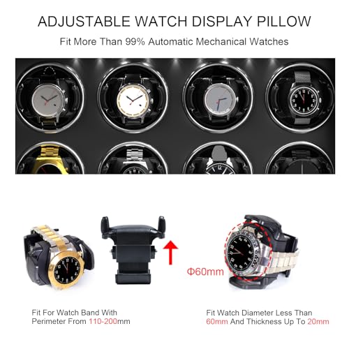 DUKWIN Watch Winder for 2/4/6/8 Automatic Watches with Key Lock, 3/6 Extra Watch Storages,4 Rotation Modes, LED Light, Super Quiet Motor, Spring Watch Pillows for Men＆Women