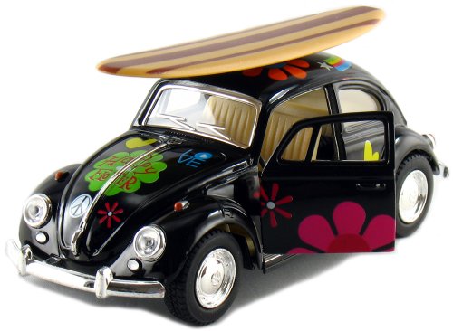 Set of 4: 5" Classic Volkswagen Beetle with Decal and Surfboard 1:32 Scale (Black/Blue/Red/Yellow)