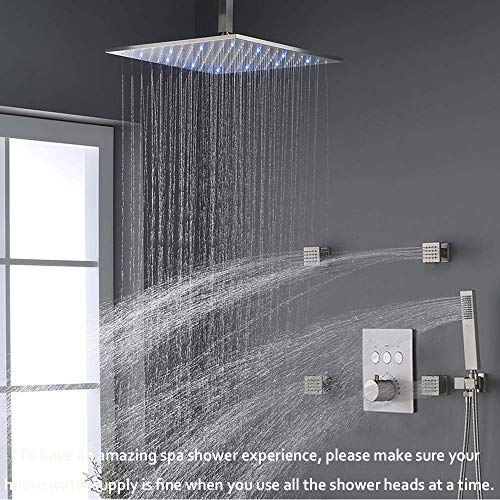 Brushed Nickel 12" Thermostatic LED Rain Shower System with Body Sprays Handheld and Mixer Valve