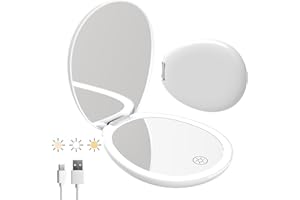 FUNTOUCH Travel Makeup Mirror with Light,Led Small Purse Compact Mirror with Light,Lighted Compact 10X Magnifying Mirror,Cute Mini Light up Compact Mirror,2-Sided,3 Color Light Pocket Portable Mirror