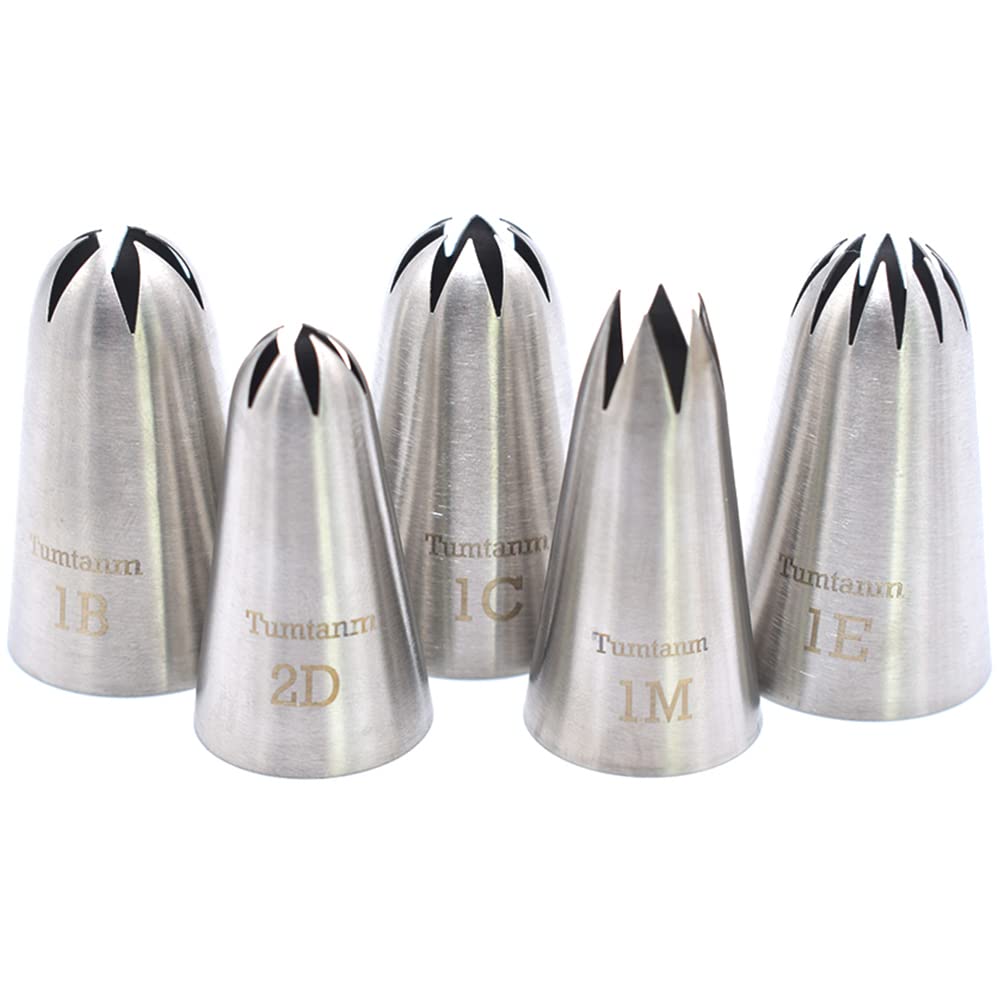 Tumtanm 5 Pack Extra Large Piping Nozzles, 1B 1C 1E 1M 2D# Seamless Stainless Steel Piping Icing Tips