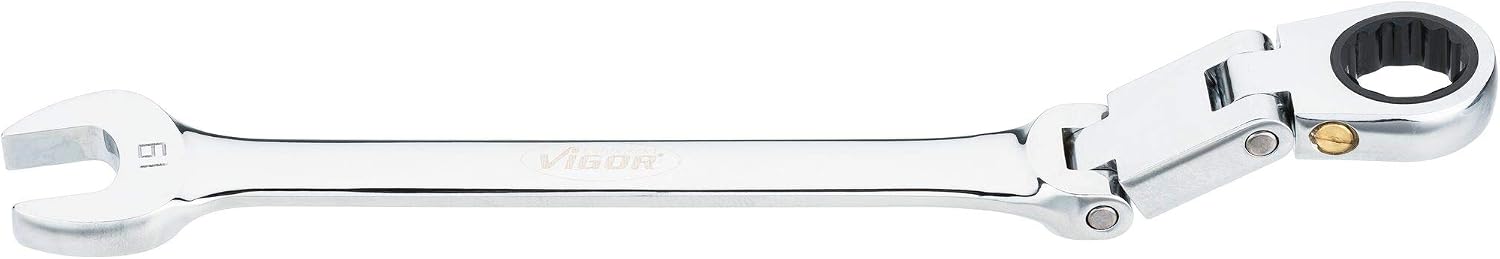 Vigor V6752-19 Ratchet Ring Spanner Double Joint with Fine Toothed Ratchet Mechanism on The Ring Side Silver