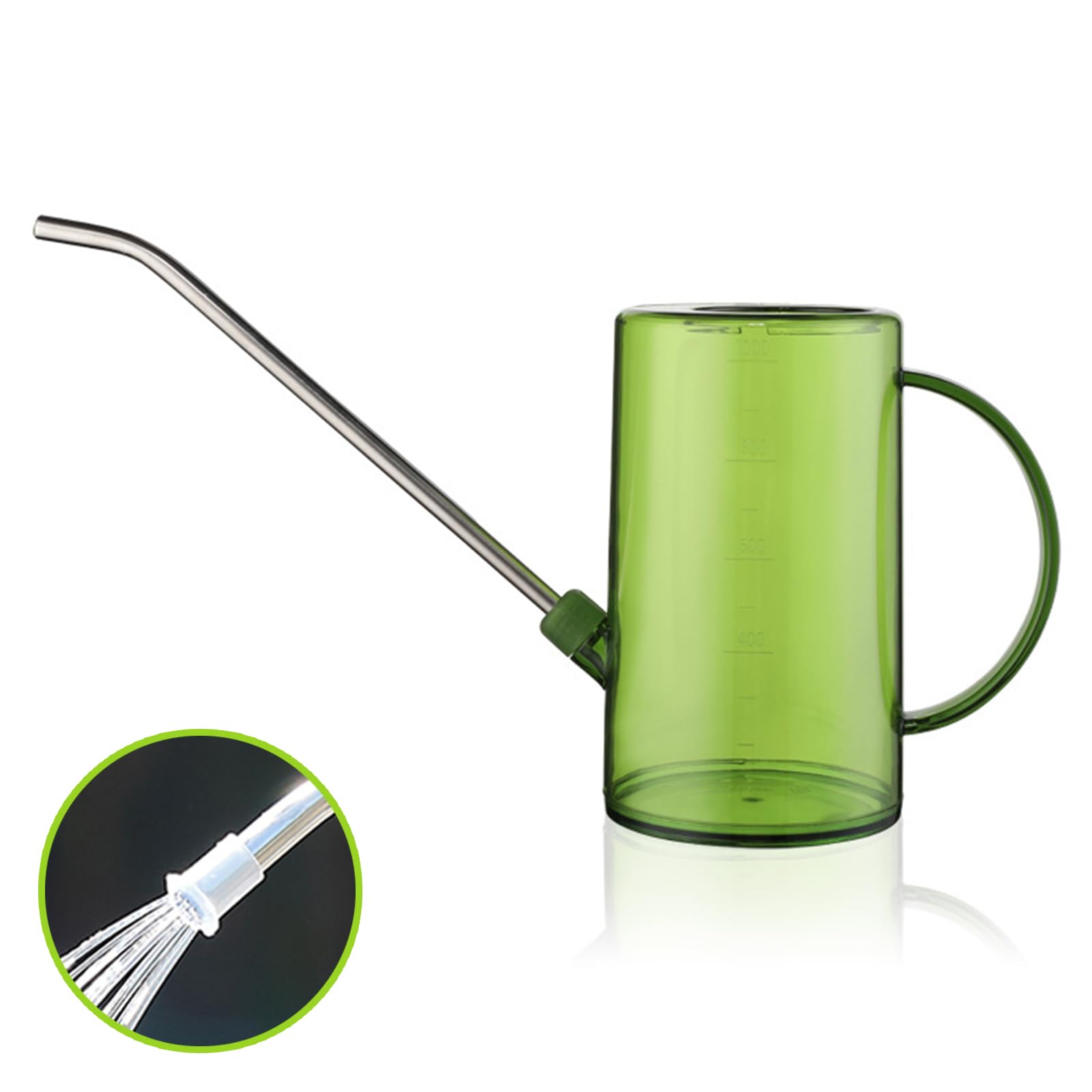 Reagia Plastic Watering Can, Plant Watering Can with Stainless Steel Long Spout, 1L/34oz Clear Measurement Markings Long Spout Watering Can for Indoor Plants, House Plants and Flowers Easy Fill(Green)