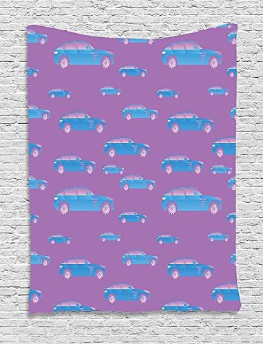 XHFITCLtd Cars Tapestry, Blue Automobile on Pink Background Sports Car with Big Wheels and Tinted Windows, Wall Hanging for Bedroom Living Room Dorm, 60 W X 80 L Inches, Fuchsia Blue