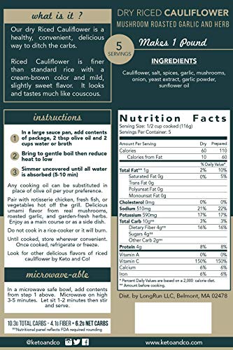 Mushroom Roasted Garlic and Herb Dry Riced Cauliflower by Keto and Co | Low Carb, Gluten Free, Vegan, Keto Rice Alternative | Delicious, Easy and Fast | 5 Servings, Makes 1 Lb
