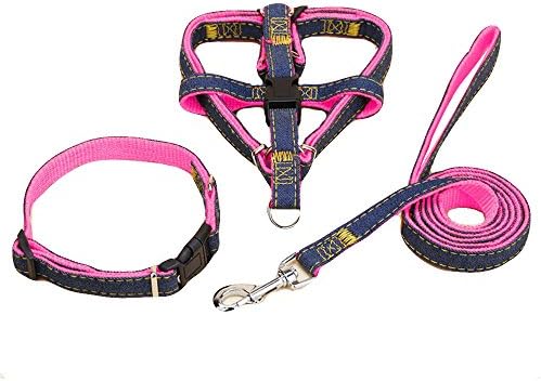 NOVMAY Set of 3 pcs - Denim Heavy Duty Dog Collar Leash Harness &amp; Traction Rope Leash for Daily Training Walking Running - Small and Large Dog (3 Pcs - Large (20.8"-31.4" Chest Girth), Pink)