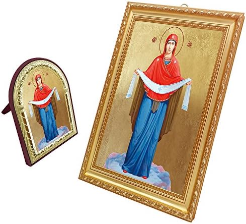 FengMicon Painting Art of Greek Orthodox Church Catholic Religious Icon Picture Mother Mary Baby Christ with Frame 2pcs/set for Home Decor Church Suppliers (The Holy Virgin+gold Trim)