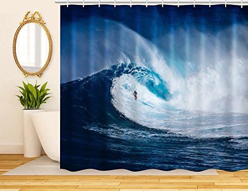 ArtRena Decorative Fabric Shower Curtain, Blue, Ocean Wave, Surfer, Waterproof and Mildew Resistant, 71" x 71"