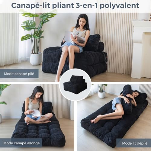 MAXYOYO Folding Sofa Bed Convertible with Pillow, Mattress with Back Support, Portable Comfortable Sofa Bed for Living Room Bedroom Black
