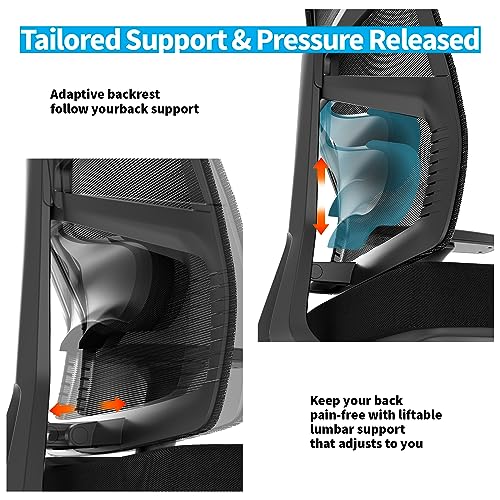 HOLLUDLE Ergonomic Office Chair with Adjustable Backrest, Depth Adjustable Seat, 4D Armrests, Lumbar Support and 2D Headrest, 360° Swivel, Modern Design, Black