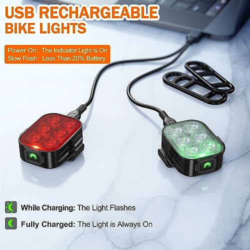 Bike Lights, Combination of Bike Front Light and Tail Light, IP65 Waterproof USB Charging, Equipped with 6 Ultra-Bright LED Beads, 4+6 Lighting Modes, Suitable for Riding at Night.