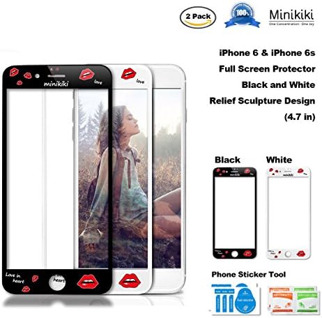 MiniKIKI iPhone 6/6s Glass Screen Protector, 3D Full Screen Coverage, 2 Packs--Black and White Color with Sexy Lips, Creative Relief Sculpture Design,9H Hardness, Great for your Lovers, Friends