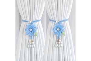 Curtain Tiebacks with Adjustable Design - Pearl Flower Garden Style Home Decor Accessories for Curtains (2Pcs) (Blue)