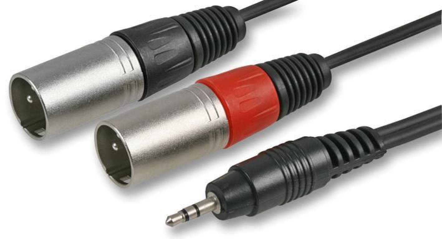 Pulse PLS00299 3.5 mm Stereo Jack to 2x 3 Pin XLR Plug to Plug Lead, 1m, Black