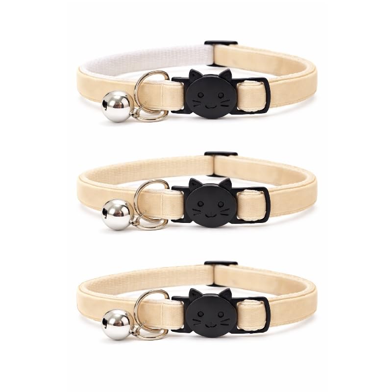 Velvet Cat Collars with Bell. Safe Breakaway Quick Release Buckle. Available in Cat & Kitten Size (Pack of 3) (Cat Collar (20cm - 30cm), Cream Velvet (Pack of 3))