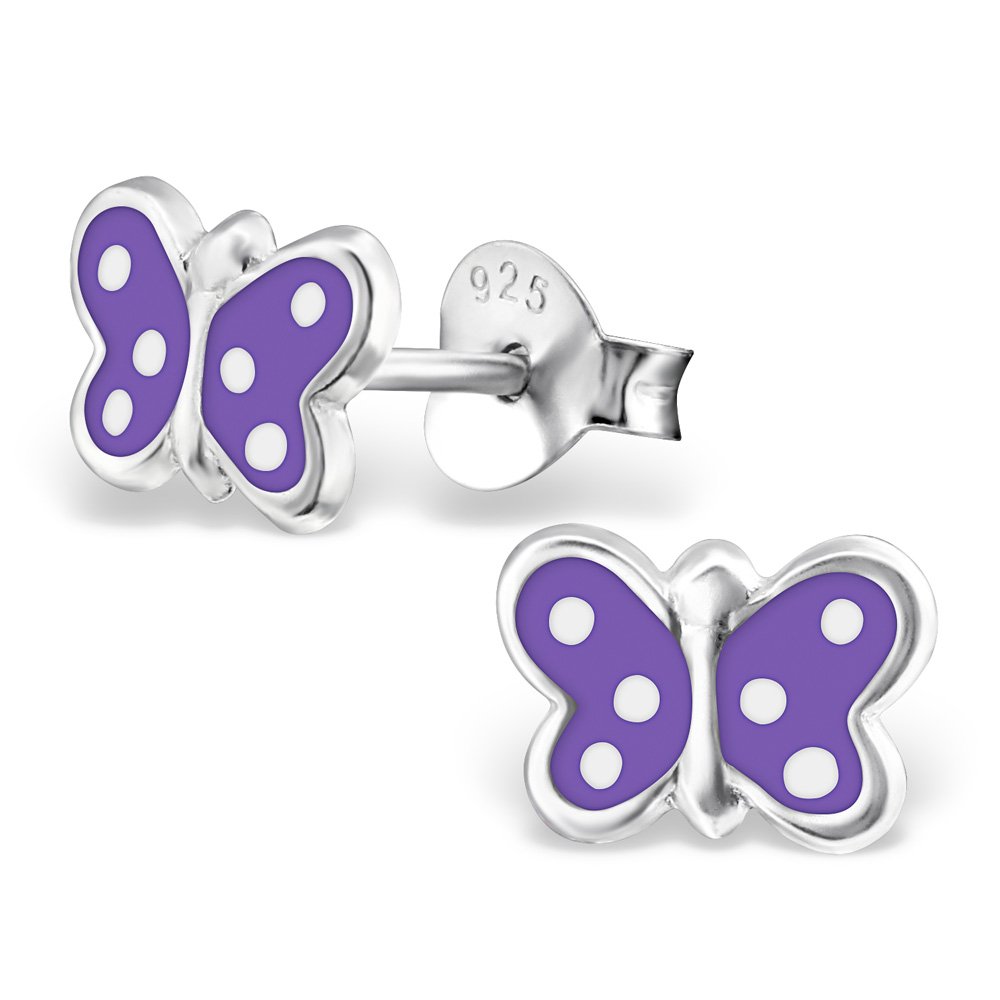Purple Polka Dot Butterfly Earrings - 925 Sterling Silver