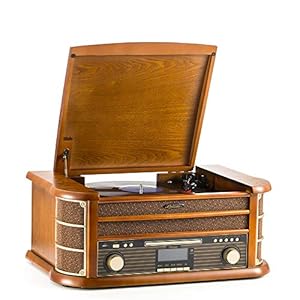 Shuman Vintage 8-in-1 draadloos muziekcentrum met afstandsbediening, 3-speed platenspeler, DAB digitale/FM-radio, CD…