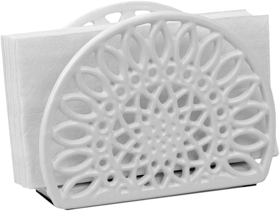 Home Basics NH45813 Sunflower Collection Cast Iron Napkin Holder for Kitchen Countertop | Dinner Table | Indoor & Outdoor Use | Storage and Organization, White