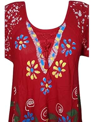 Women's Rayon Dress Half Sleeves Red Floral Tie-Dye Flare Dresses S/M