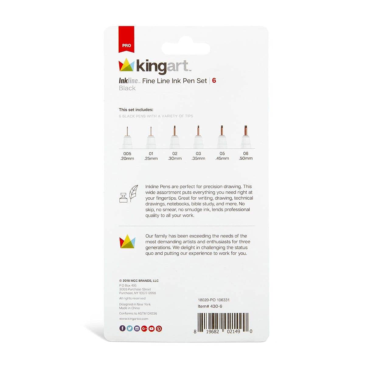 KINGART 430-6 PRO Inkline Black Micro Line & Precision Graphic Pens, 6 Assorted Nibs, BLACK Archival Waterproof Japanese Ink for Art, Illustration, Calligraphy, Sketching, Anime, Technical Drawing, Manga