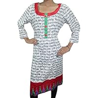 Mogul Interior Women's Kurti Tunics Dress White Mantra Caftan Kurta L