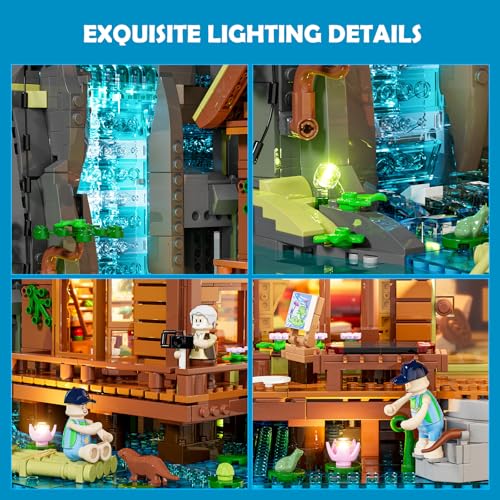Lumibricks Waterfall Cabin Building Set with Light – 2539 Pieces Retro Wooden House with Moving Waterfall & Nature Scenery, Collectible for Adults